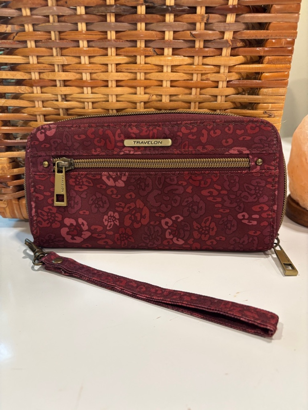 Travelon Burgundy Floral Zip Wristlet Wallet